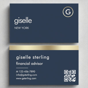 Finanzberater Navy Blue QR Code Gold Monogram Visitenkarte