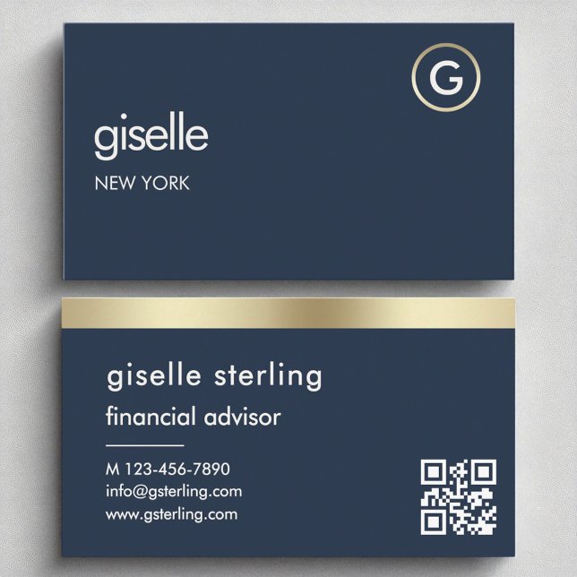 Finanzberater Navy Blue QR Code Gold Monogram Visitenkarte (Von Creator hochgeladen)