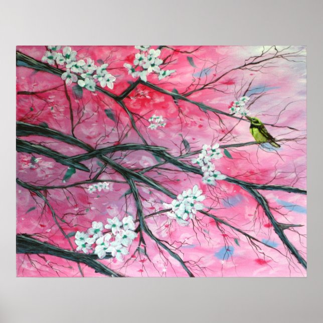 Finch Amongst the Cherry Blossoms Print Poster (Vorne)