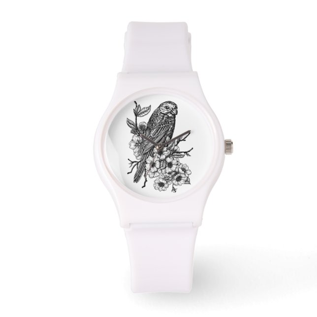 Finch auf Kirschzweig Armbanduhr (Vorderseite)