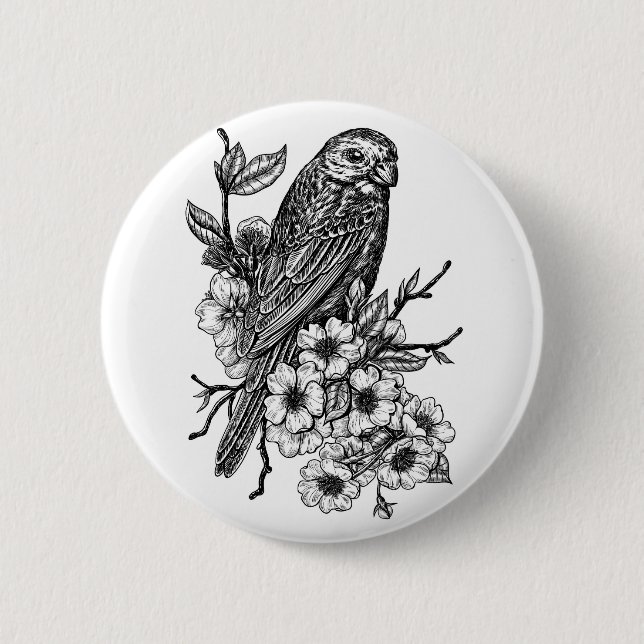 Finch auf Kirschzweig Button (Vorderseite)