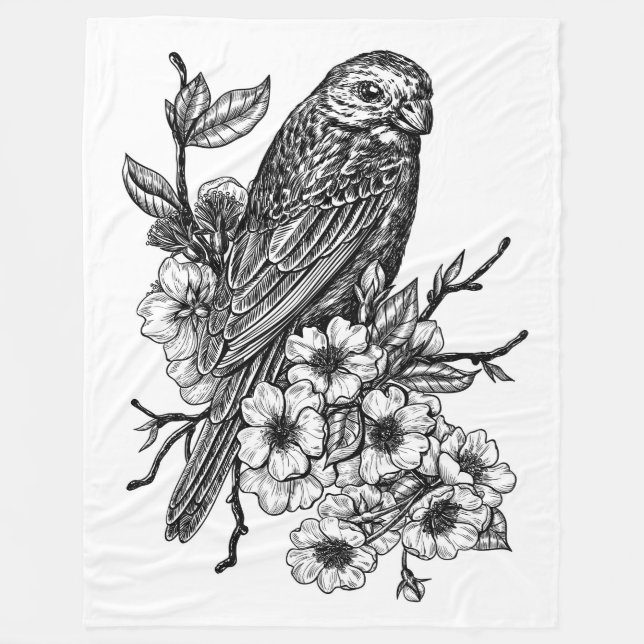 Finch auf Kirschzweig Fleecedecke (Vorderseite)