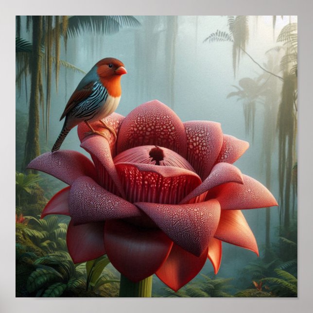 Finch on Giant Jungle Flower in Moody Tropical  Poster (Vorne)