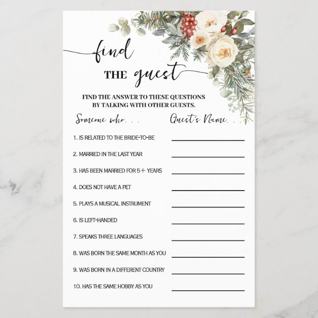 Find the Guest Winter Bridal Shower Game Card Flyer (Vorne)