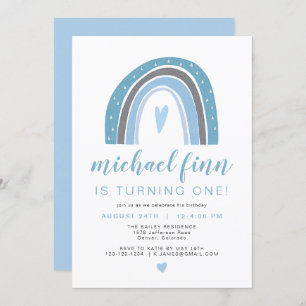 FINDE  Dusty Blue Boho Rainbow Heart Boy Birthday Einladung