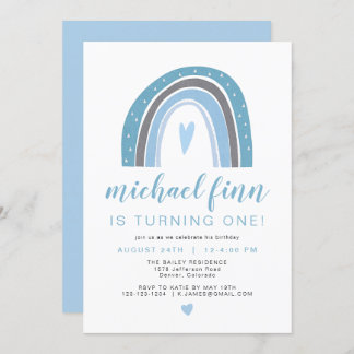 FINDEN | Dusty Blue Boho Rainbow Heart Boy Birthda Einladung