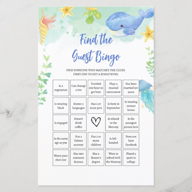 Finden Sie das Gast BINGO Summer Baby Shower Game (Vorderseite)
