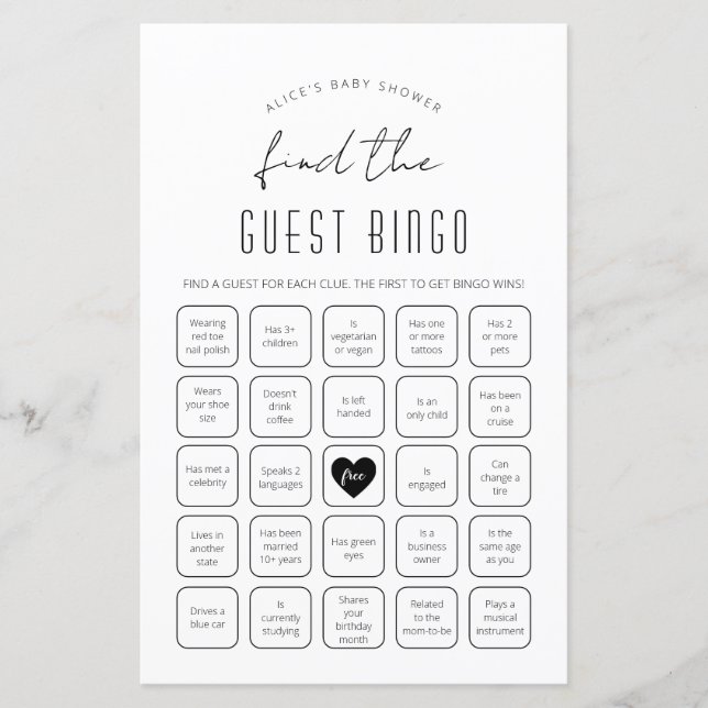 Finden Sie das Guest Bingo Baby Shower Game (Vorderseite)