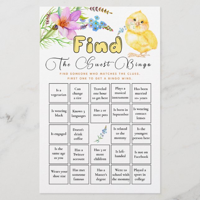 Finden Sie das Guest Bingo Little Chick Baby Showe (Vorderseite)