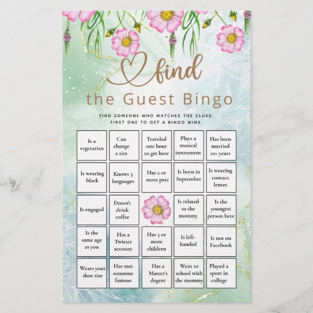 Finden Sie das Guest Bingo Wildblume Baby Shower G (Vorderseite)