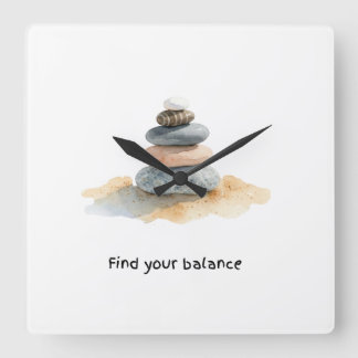 Finden Sie Ihre Balance Watercolour Zen Stein-Stac Quadratische Wanduhr