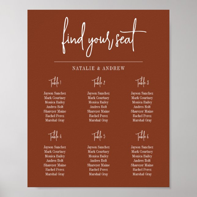 Finden Sie Ihren Sitz Boho Terracotta Script Weddi Poster (Vorne)
