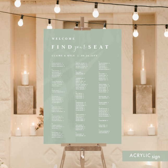 Finden Sie Ihren Sitzplatz blassgrüne alphabetisch Acrylschild (Von Creator hochgeladen)