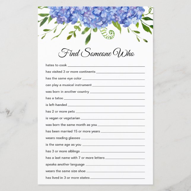 Finden Sie jemanden, der das Blatt Papier gedruckt (Vorderseite)