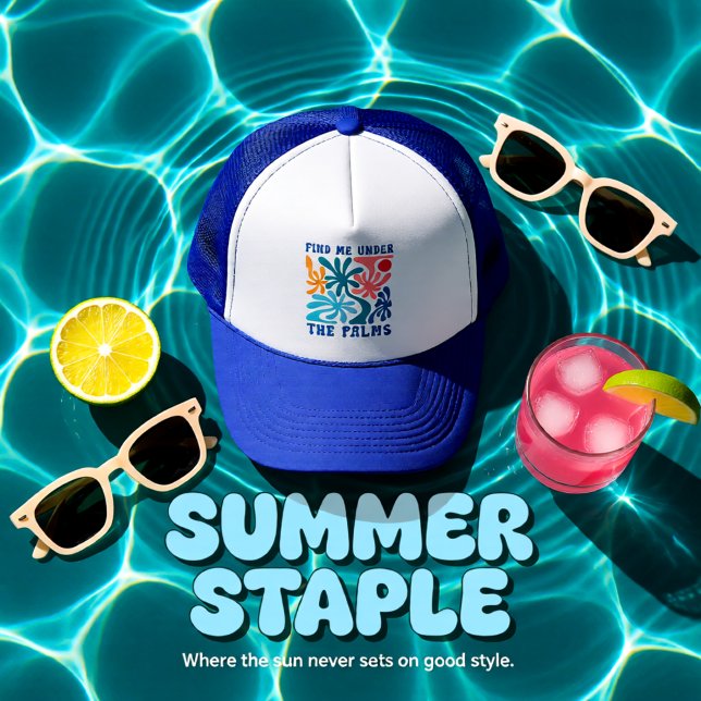 Finden Sie mich unter dem Sommerthema von Palm uni Truckerkappe (Find Me Under the Palms Retro UNISEX Summer Trucker Hat)