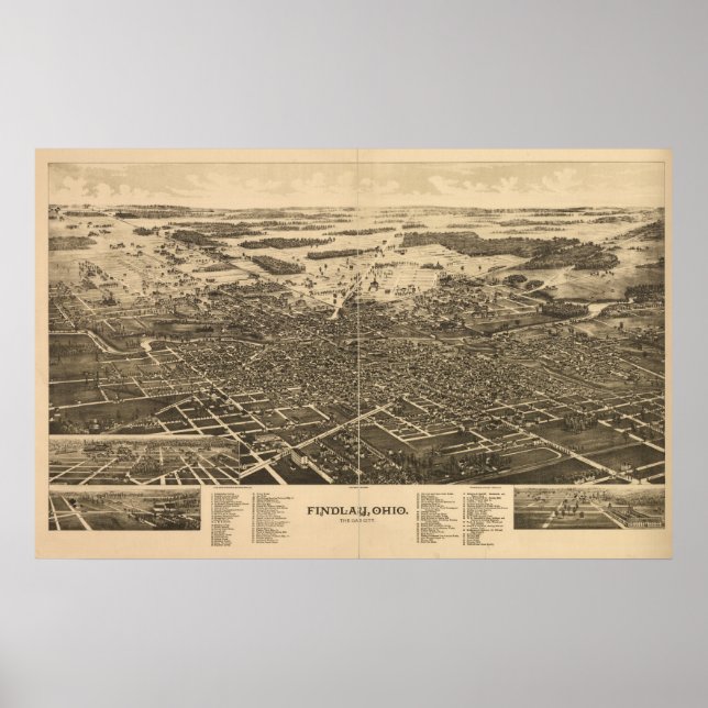 Findlay Ohio 1889 Antike Panoramakarte Poster (Vorne)