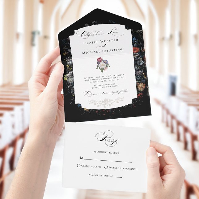 Fine Art Black Floral Calligraphy All In One Einladung (Von Creator hochgeladen)