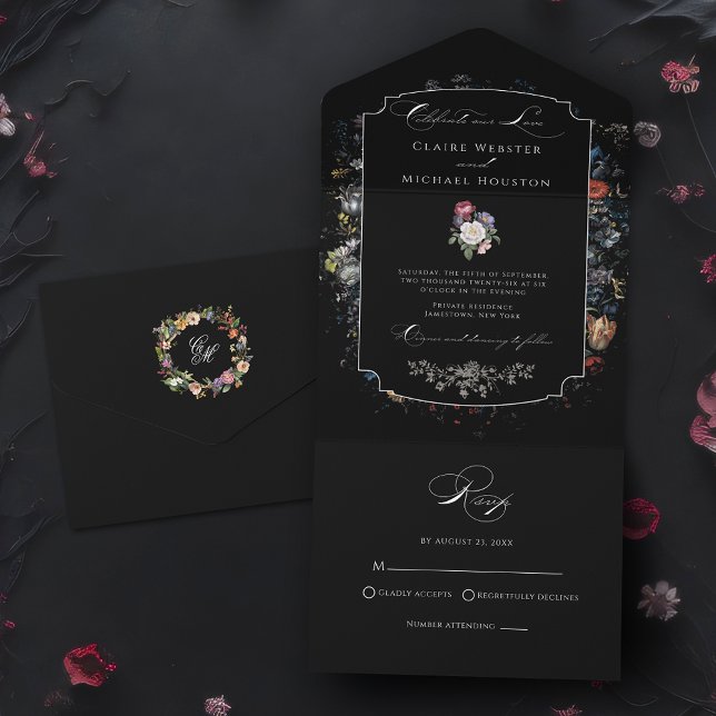 Fine Art Black Floral Calligraphy All In One Einladung (Von Creator hochgeladen)