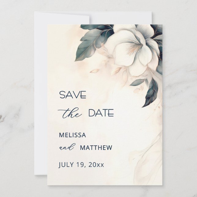 Fine Art Blue Ivory Flower Save The Date (Vorderseite)