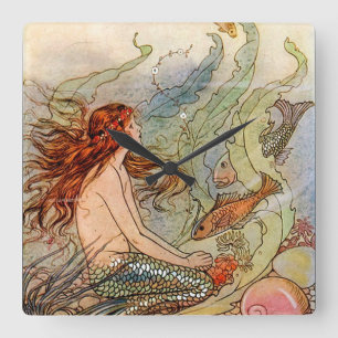 Fine Art Mermaid Ilustration Poster Quadratische Wanduhr