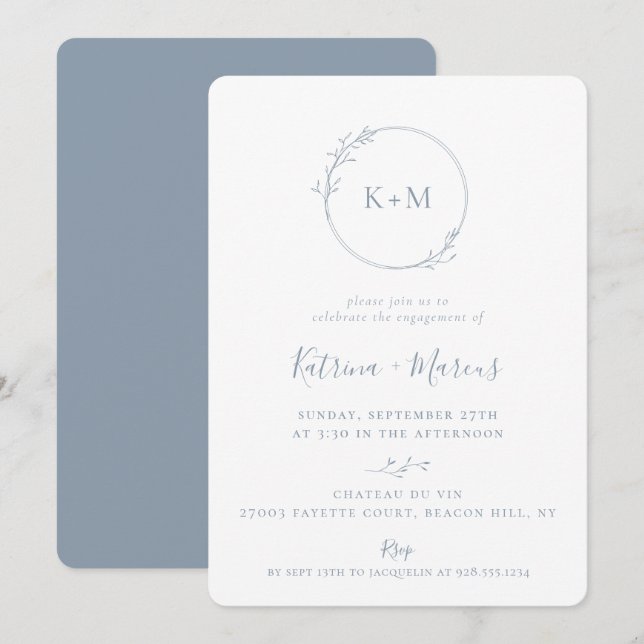 Fine Art Monogram Dusty Blue Engagement Party Einladung (Vorne/Hinten)