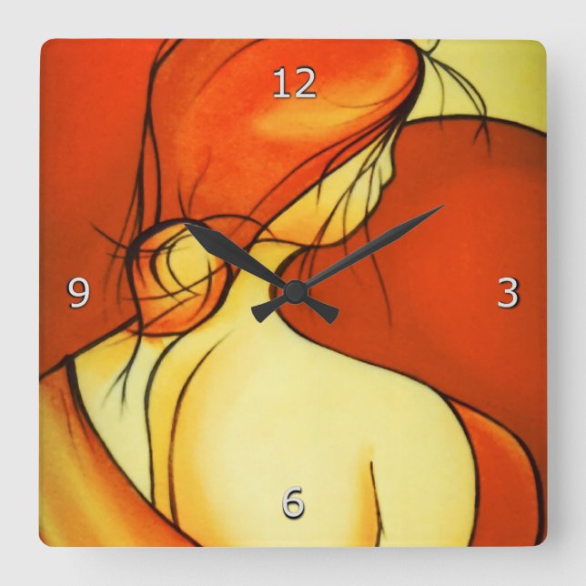 Fine Art Pensive Lady in Orange Quadratische Wanduhr (Vorderseite)