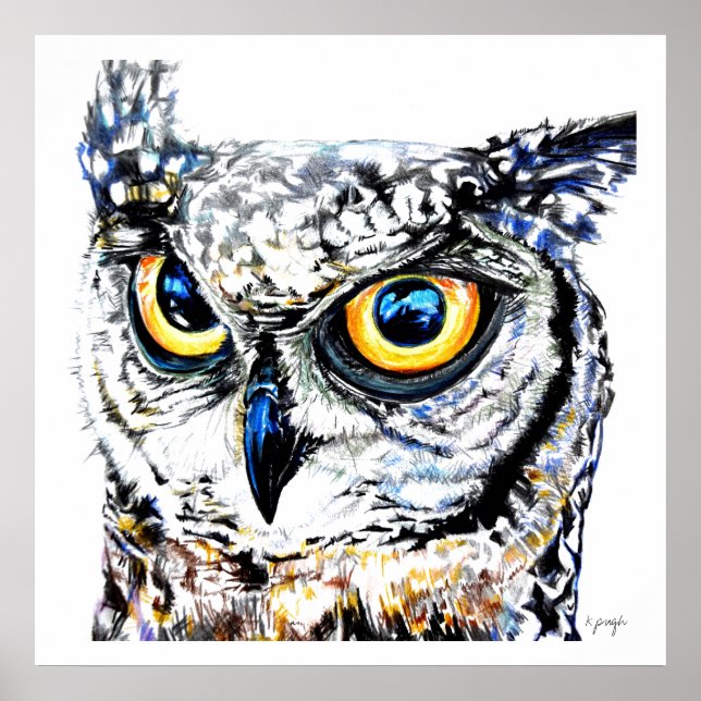 Fine Art Print: Great Horned Owl Illustration Poster (Vorne)
