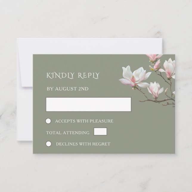 Fine Art Sage Green Magnolia Flowers Wedding RSVP Karte (Vorderseite)