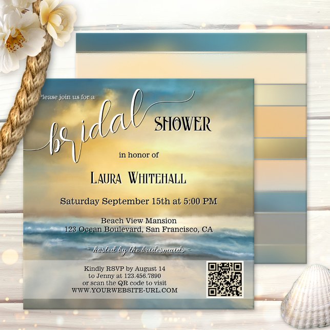 Fine Art Stormy Beach Bridal Shower Einladung (Bridal shower invitation featuring an original fine art painting of a sunset on a stormy beach.)