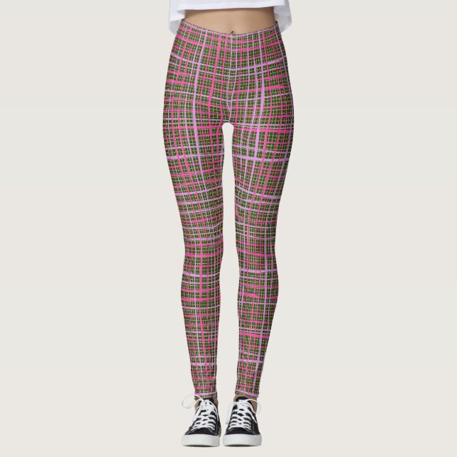 Fine lines Checkered pattern C09.pink on DGreen BG Leggings (Vorderseite)