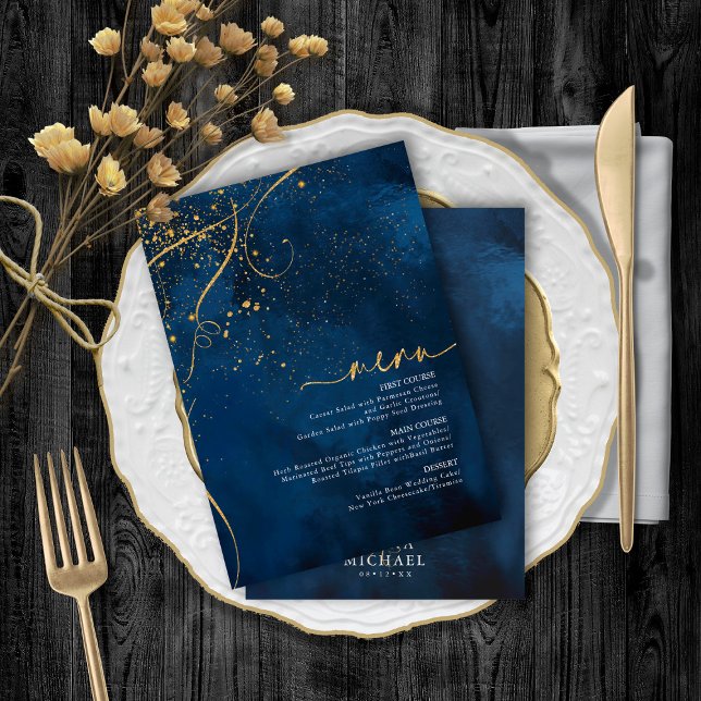 Fine Lines Gold Abstrakt Wedding Menu 1 Navy ID867 (Von Creator hochgeladen)