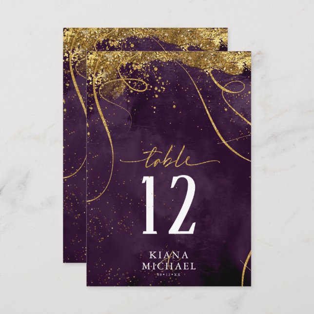 Fine Lines Gold Abstrakt Wedding Plum ID867 Einladung (Vorne/Hinten)