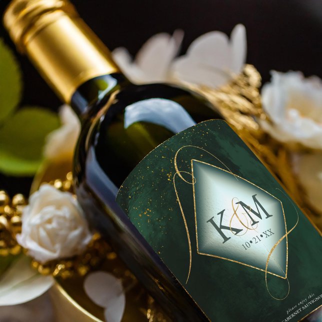 Fine Lines Gold Abstrakt Wedding V2 Emerald ID867 Weinetikett (Von Creator hochgeladen)