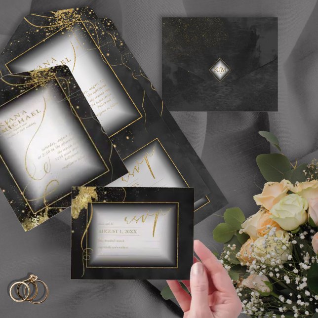 Fine Lines Gold Abstrakt Wedding V3 Black ID867 All In One Einladung (Von Creator hochgeladen)