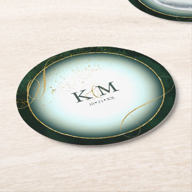 Fine Lines Gold Abstrakt Wedding V3 Emerald ID867 Runder Pappuntersetzer (Angewinkelt)