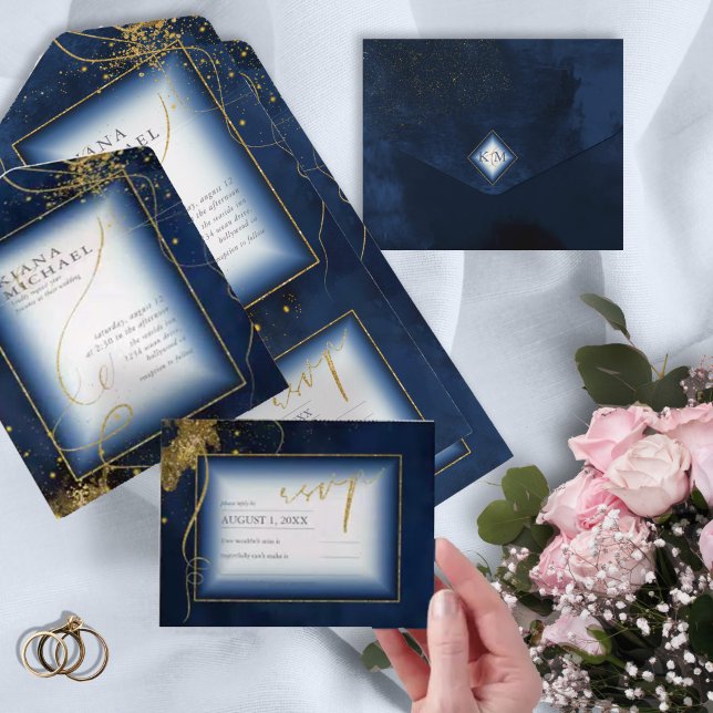Fine Lines Gold Abstrakt Wedding V3 Navy ID867 All In One Einladung (Von Creator hochgeladen)