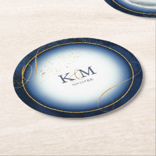 Fine Lines Gold Abstrakt Wedding V3 Navy ID867 Runder Pappuntersetzer