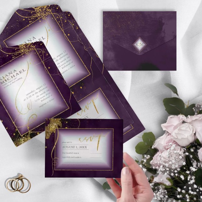 Fine Lines Gold Abstrakt Wedding V3 Plum ID867 All In One Einladung (Von Creator hochgeladen)