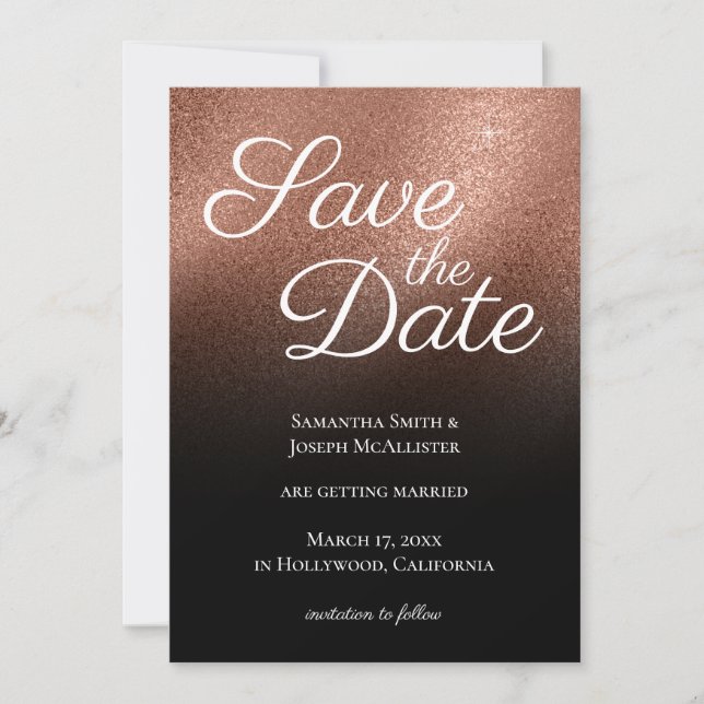 Fine Rose Gold Glitzer Black Ombre Save the Date Einladung (Vorderseite)