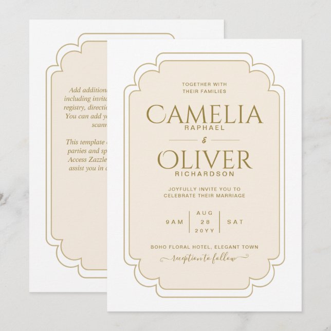 Finest Beige Cream Gold MONOCHROME Hochzeit Einladung (Vorne/Hinten)