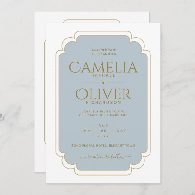 Finest Dusty Blue Gold MONOCHROME Wedding Einladung (Vorne/Hinten)