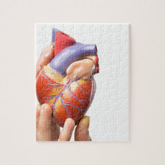 Finger, die vorbildliches menschliches Herz auf Puzzle