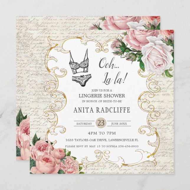 Fingerie Dusche Vintage französische Rose Antike R Einladung (Vorne/Hinten)