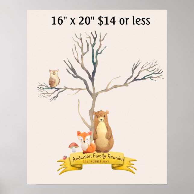 Fingerprint Tree Baby Shower WOODLAND Tiere Poster (Vorne)