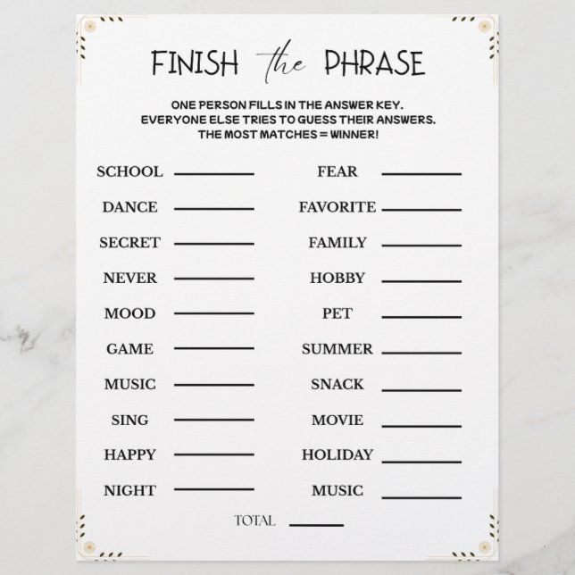 Finish the Phrase Game – Printable Guessing Party Briefbogen (Vorderseite)