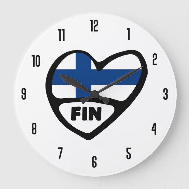 Finland Country Code FIN Flag Heart Große Wanduhr (Vorderseite)