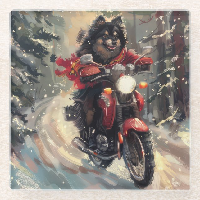 Finnisch Lapphund Dog Riding Motorrad Weihnachten Glasuntersetzer (Vorderseite)