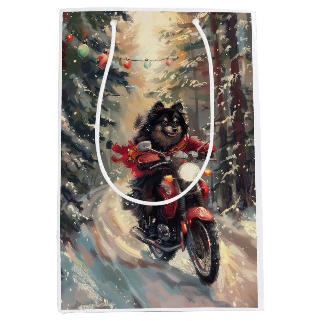 Finnisch Lapphund Dog Riding Motorrad Weihnachten Mittlere Geschenktüte (Vorderseite)