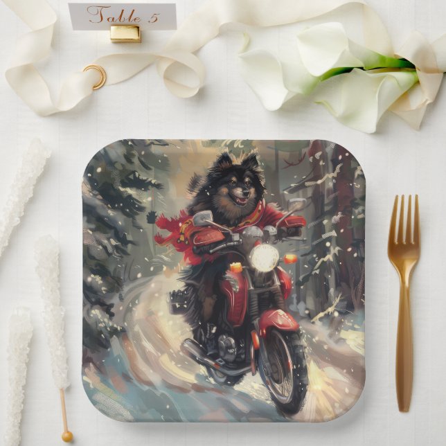 Finnisch Lapphund Dog Riding Motorrad Weihnachten Pappteller (Hochzeit)