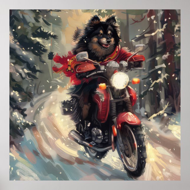 Finnisch Lapphund Dog Riding Motorrad Weihnachten Poster (Vorne)